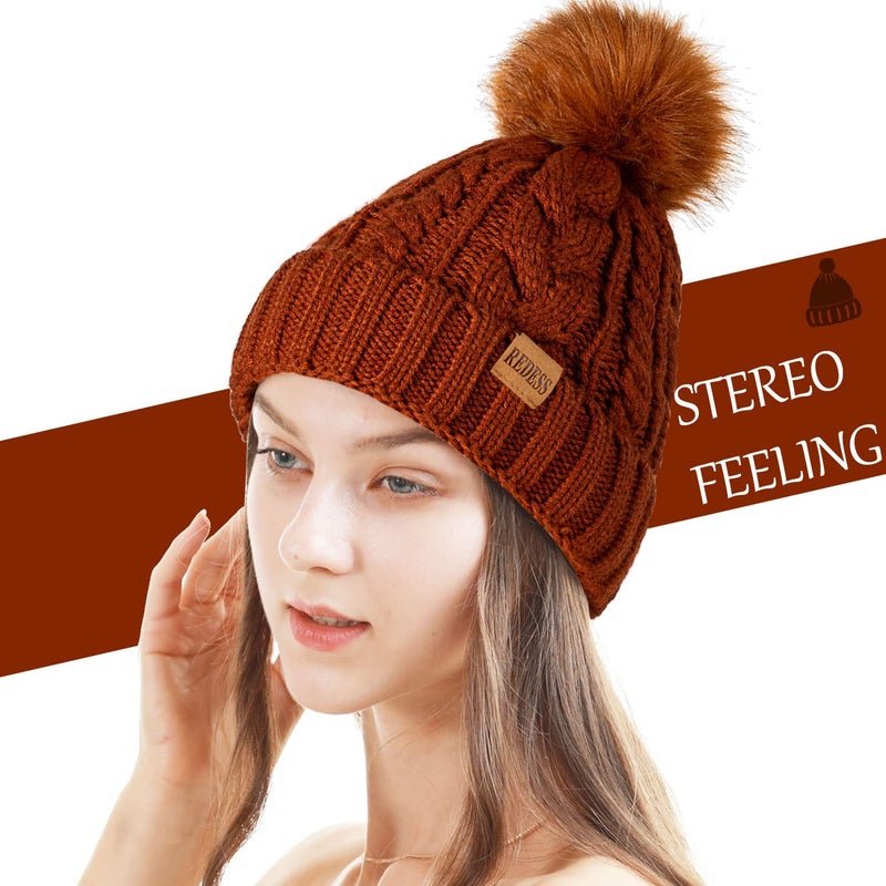 REDESS Women Winter Pompom Beanie Hat with Warm Fleece Lined, Thick Slouchy Snow Knit Skull Ski Cap - Image 2